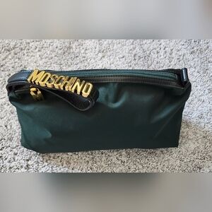 Moschino $635 Vintage Rare Leather And Nylon Wristlet Pouch Dark Green Gold Logo